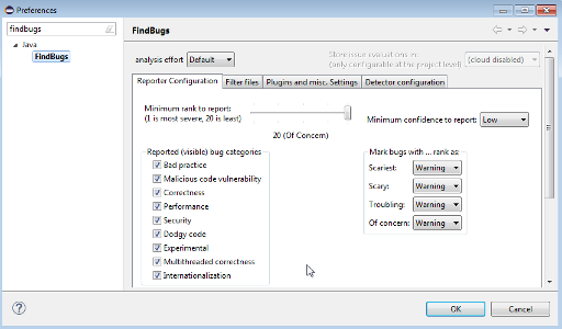 Eclipse FingBugs preferences